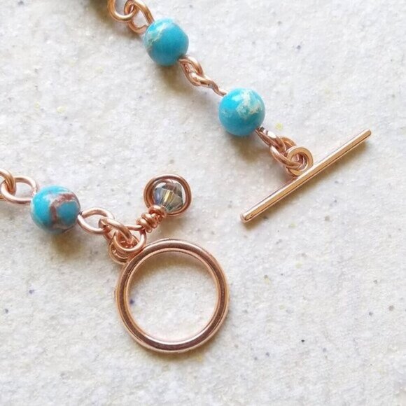 Ocean Blues Beaded Copper Bracelet! Wire Wrapped Rosary Style w. Center Focal - Picture 6 of 9